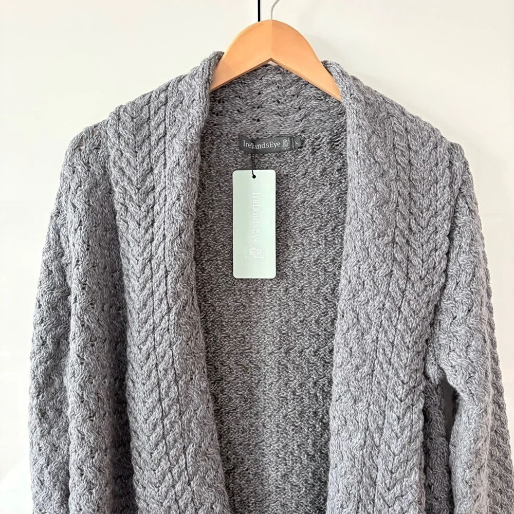 Irelands Eye Gray Cable Knit Virgin Wool Open Front Cardigan